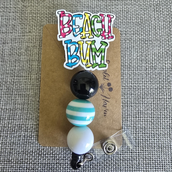 Beach Bum Summer Stripe Polka Dot Beaded Retractable Name Badge ID Reel Holder - Picture 1 of 2